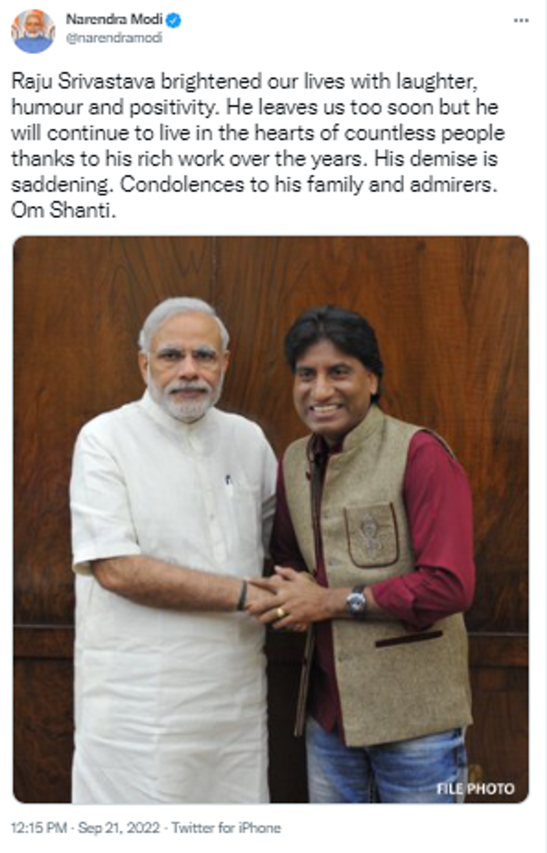 Prime Minister Narendra Modi Condoles Death of Raju Srivastava - Sputnik International, 1920, 21.09.2022