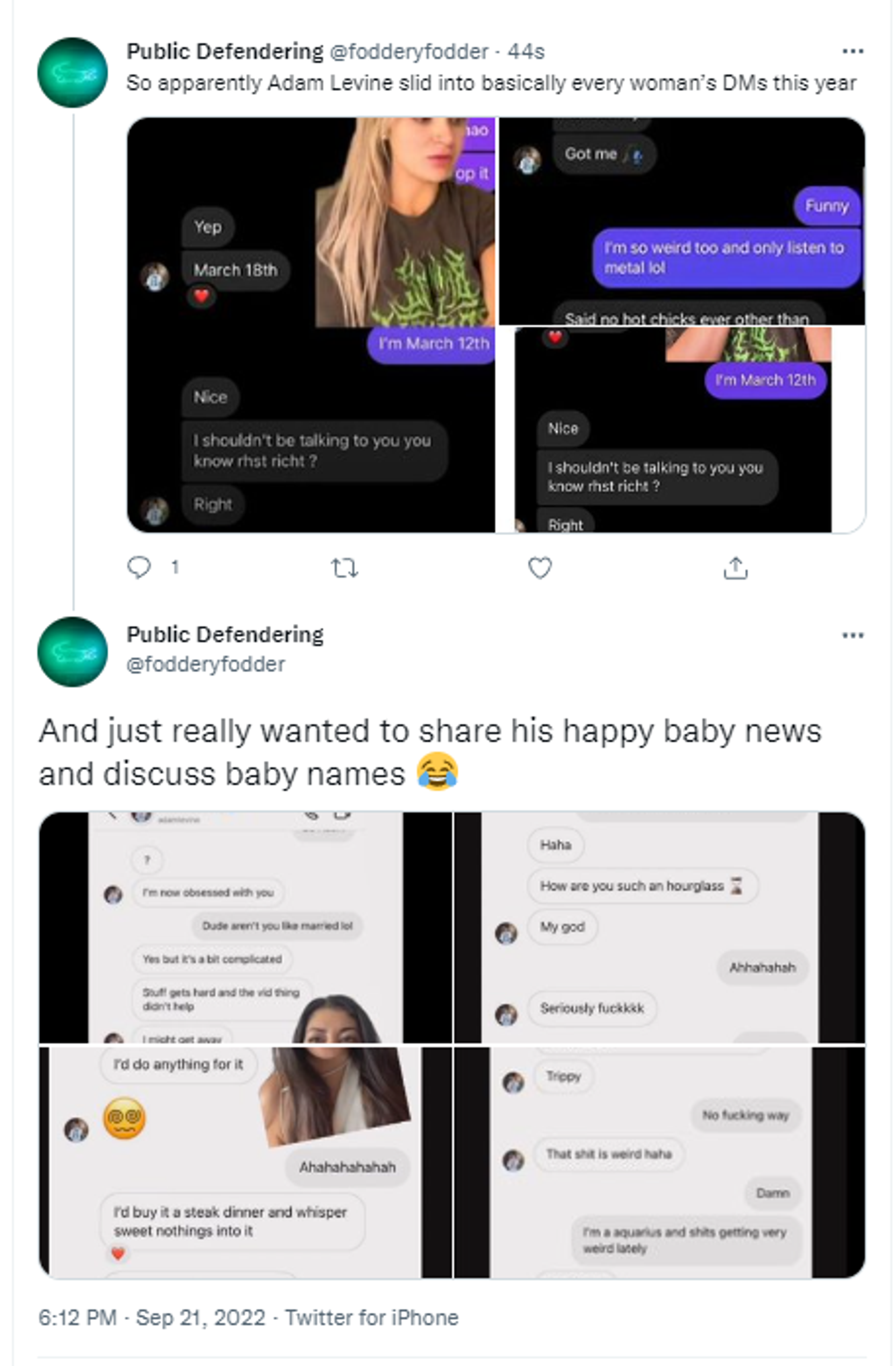 Screenshots of alleged flirtatious chats 'Maroon 5' singing star Adam Levine has with women on social media  - Sputnik International, 1920, 21.09.2022