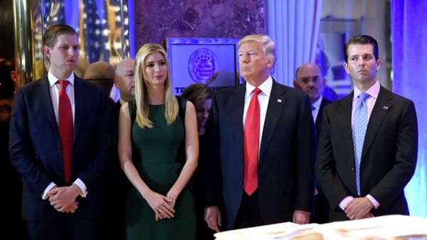 US President-elect Donald Trump along with his children Eric(L) Ivanka and Donald Jr. arrive for a press conference January 11, 2017 at Trump Tower in New York.  - Sputnik International