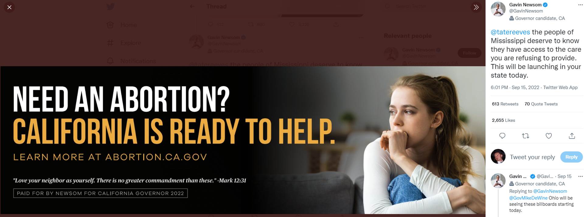 California Governor Gavin Newsom tweets an advert offering abortions to women in other states which are restricting access - Sputnik International, 1920, 23.09.2022