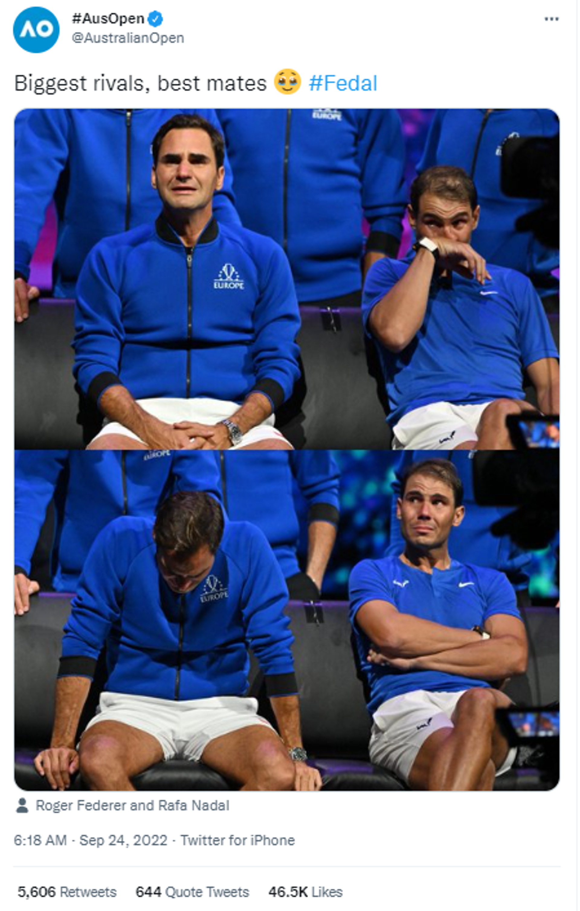 Screenshot of Roger Federer and Rafael Nadal getting emotional after the former's last match of his tennis career - Sputnik International, 1920, 24.09.2022