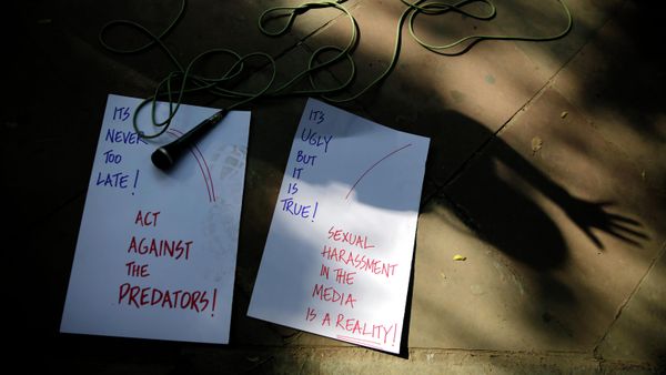 Placards and a microphone are seen lying on the sidewalks as Indian journalists protest against sexual harassment in the workplace in New Delhi, India, Saturday, Oct. 13, 2018. Placards and a microphone are seen lying on the sidewalks as Indian journalists protest against sexual harassment in the workplace in New Delhi, India, Saturday, Oct. 13, 2018. - Sputnik International