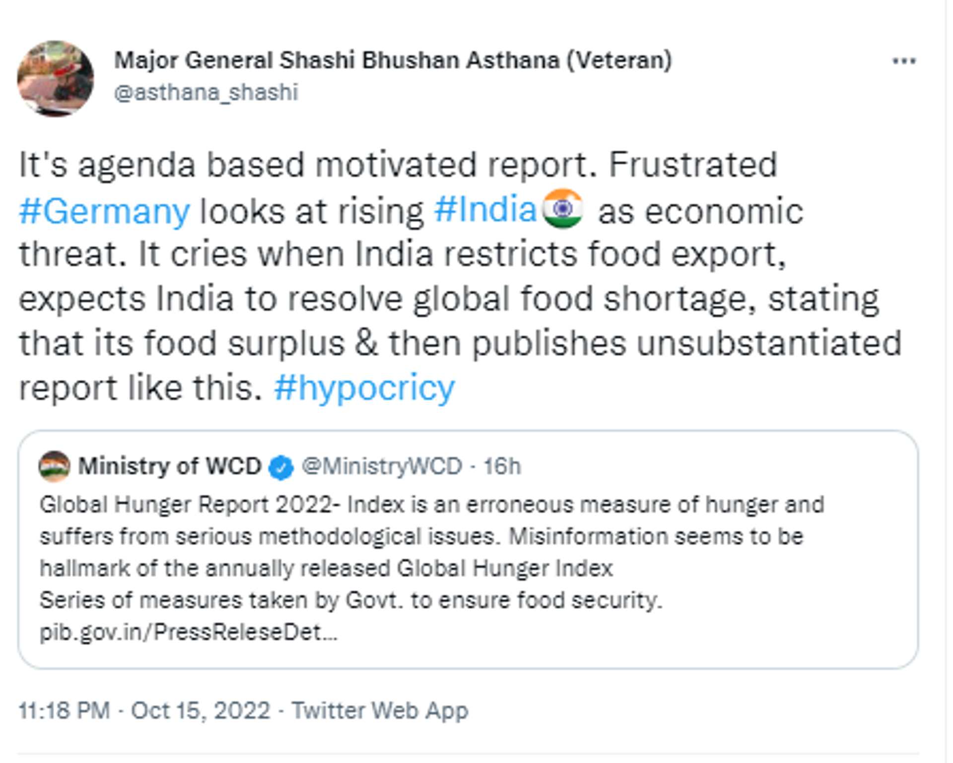 Screenshot of Twitter reactions on the recently released Global Hunger Index (GHI) that ranks India at 107 positions out of 121 countries - Sputnik International, 1920, 16.10.2022
