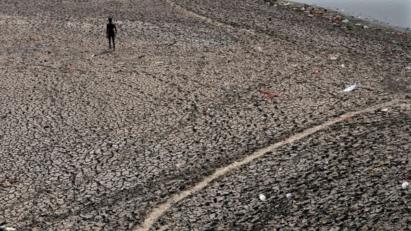 A man walks across a dried bed of river Yamuna where water levels have reduced drastically following hot weather in New Delhi, India, Monday, May 2, 2022. - Sputnik International