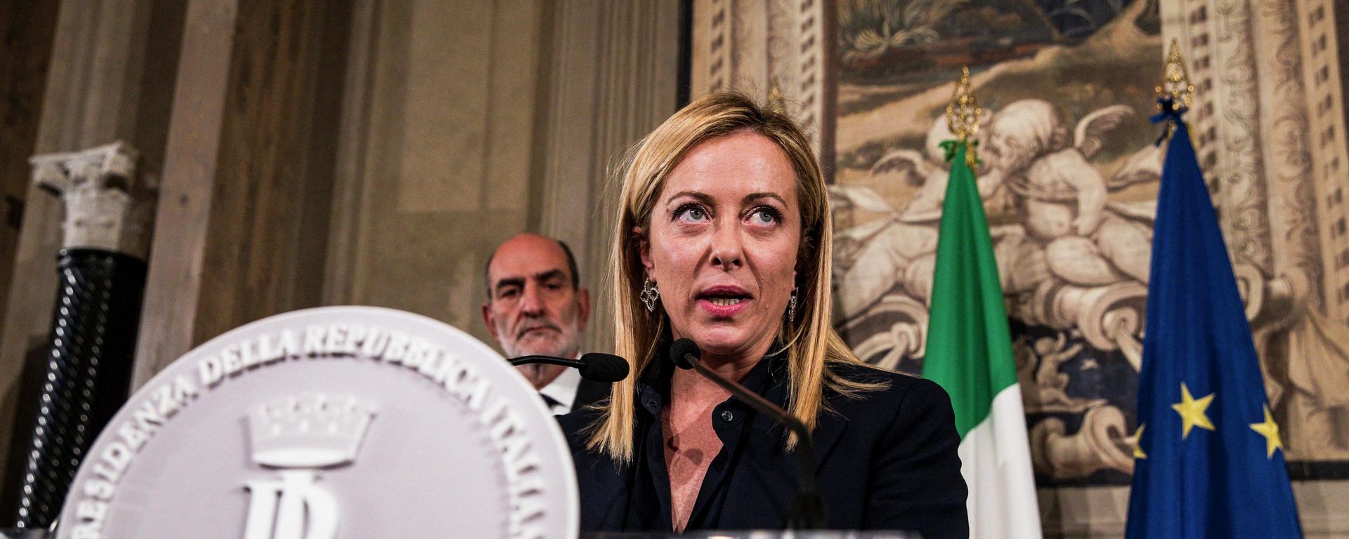 Italian designated Prime Minister Giorgia Meloni addresses the media after a meeting with Italian President Sergio Mattarella at the Quirinale Palace in Rome on October 21, 2022. - Sputnik International, 1920, 21.10.2022