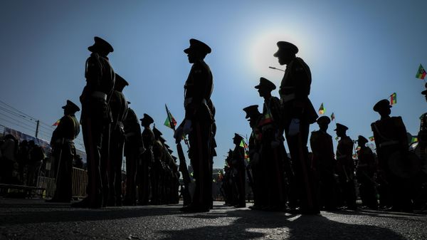Ethiopian military parade with national flags attached to their rifles at a rally organized by local authorities to show support for the Ethiopian National Defense Force (ENDF). - Sputnik International