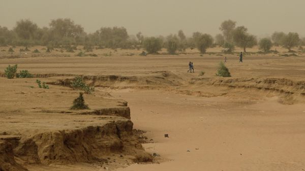 In this Monday, April 30, 2012 photo, people walk past a dry seasonal riverbed in the Matam region of northeastern Senegal. Since late 2011, aid groups have been sounding the alarm, warning that devastating drought has again weakened communities where children already live perilously close to the edge of malnutrition. The situation is most severe in Niger, Chad and in Mali, but this time it has also pervaded northern Senegal, the most prosperous and stable country in the Sahel.  - Sputnik International