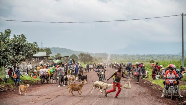 People walk on the road near Kibumba, north of Goma, Democratic Republic of Congo, as they flee fighting between Congolese forces and M23 rebels in North Kivu, Tuesday May 24, 2022. - Sputnik International