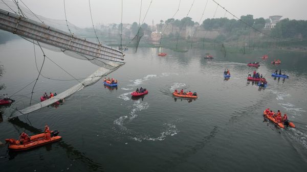 Search and rescue work is going on as a cable suspension bridge collapsed in Morbi town of western state Gujarat, India, Monday, Oct. 31, 2022. - Sputnik International