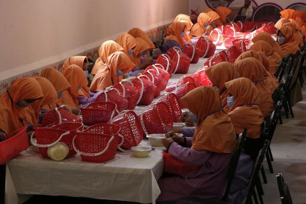 Afghan women workers separate saffron threads from harvested flowers at a processing centre in Herat province on October 31, 2022. - Sputnik International