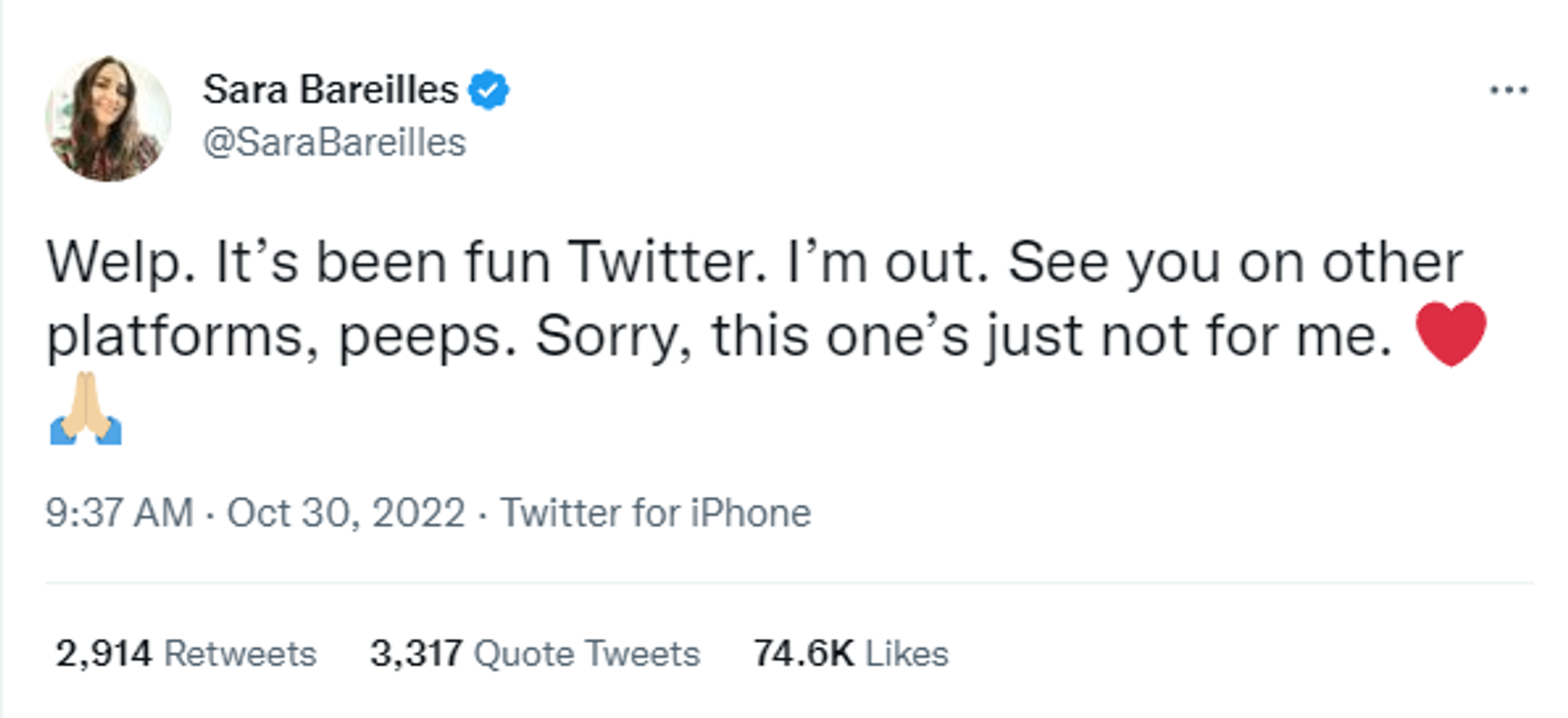 Screenshot of singer Sara Bareilles' last Twitter post  - Sputnik International, 1920, 09.11.2022