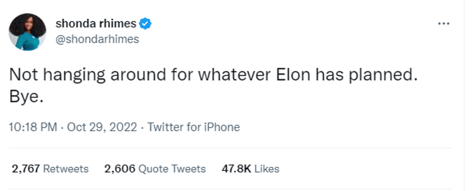 Screenshot of Shonda Rhimes' last Twitter post as she announced her exit from the microblogging site Screenshot of Shonda Rhimes' last Twitter post as she announced her exit from the microblogging site - Sputnik International, 1920, 08.11.2022