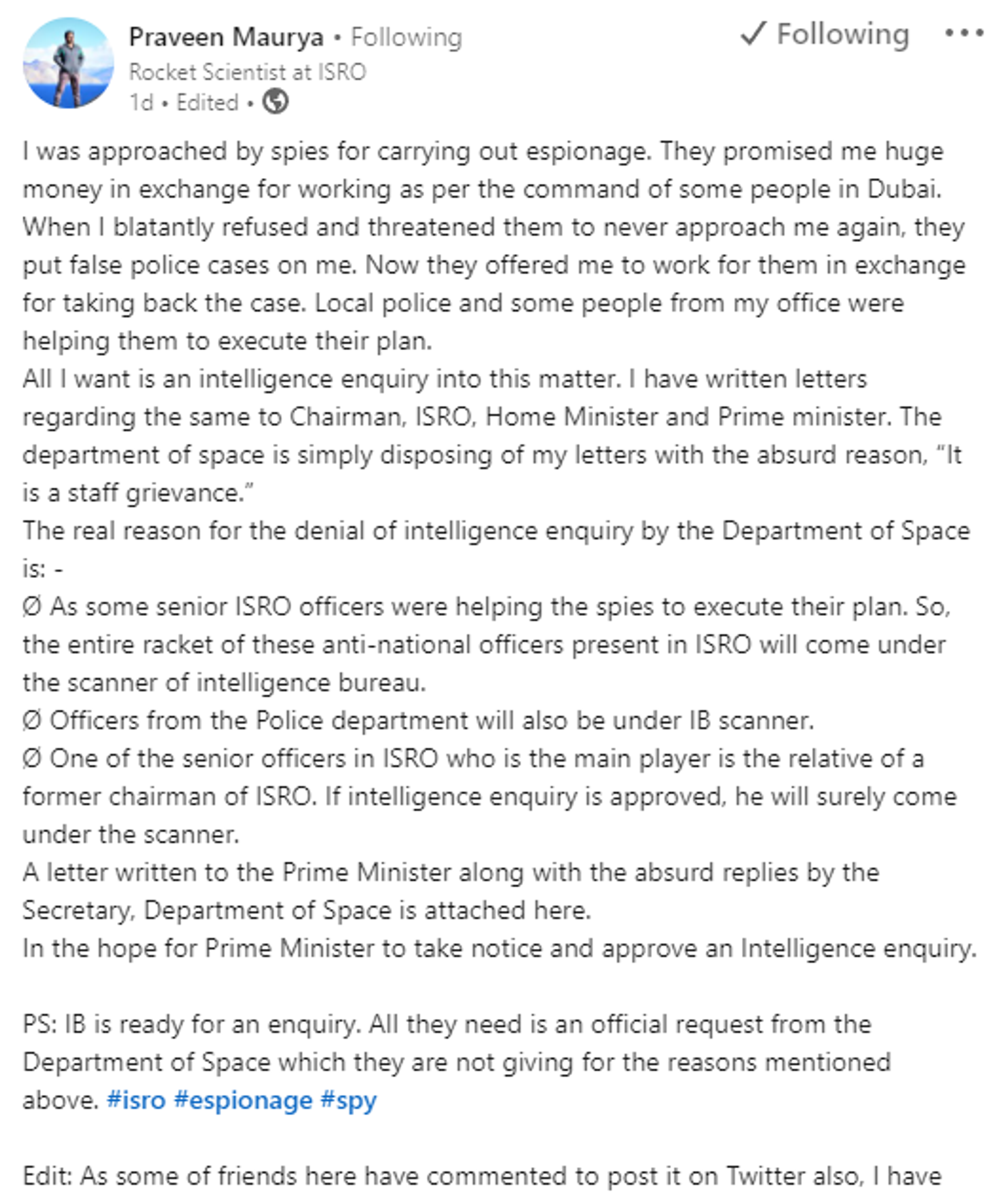 Screenshot of LinkedIn post of Indian rocket scientist Praveen Maurya  - Sputnik International, 1920, 11.11.2022