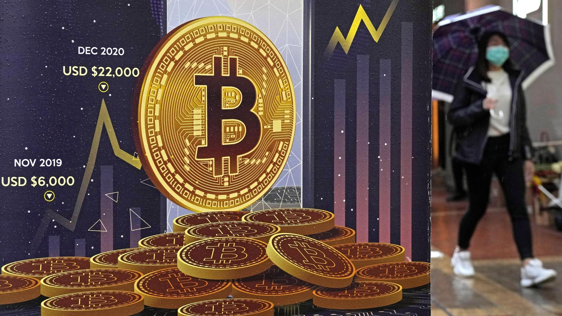 FILE - An advertisement for Bitcoin cryptocurrency is displayed on a street in Hong Kong, on Feb. 17, 2022. Bitcoin slumped to a two-year low, Wednesday, Nov. 9, and other digital assets sold off following the sudden collapse of crypto exchange FTX Trading, which has been forced to sell itself to larger rival Binance. - Sputnik International, 1920, 10.03.2023