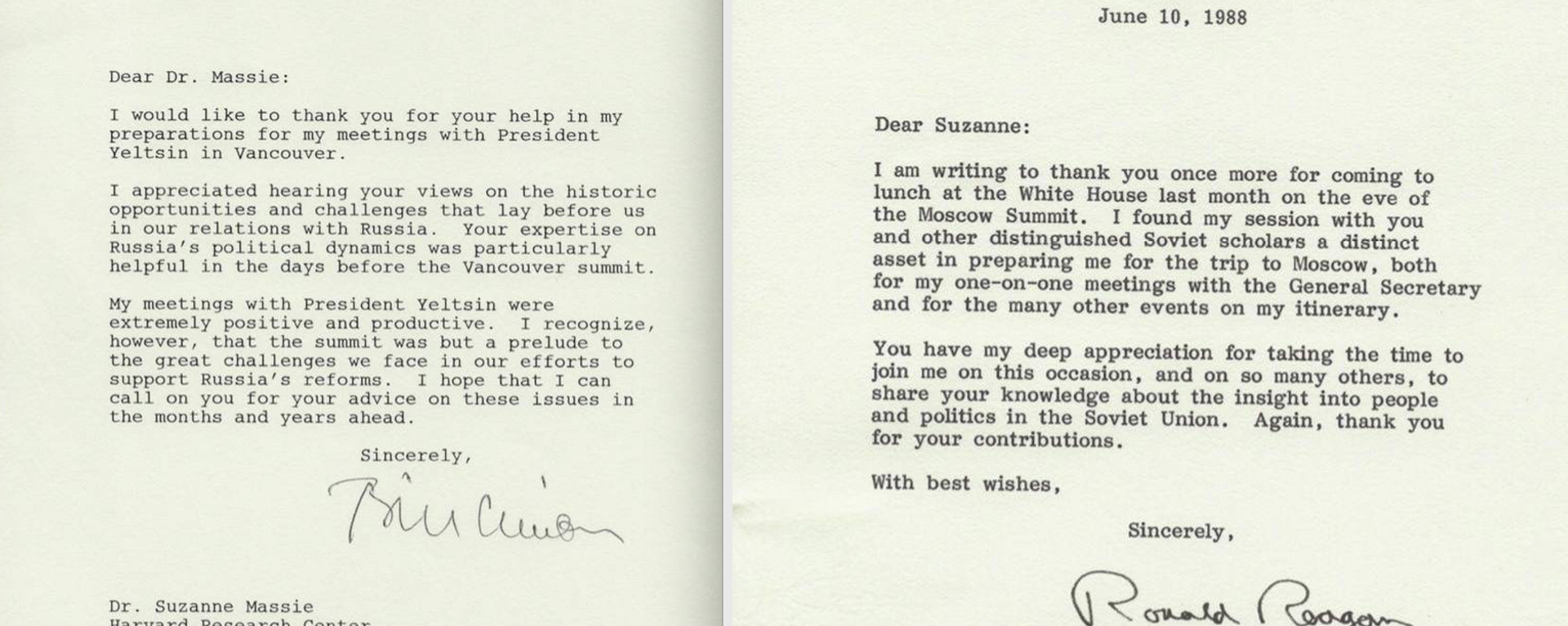 Letters from former US Presidents Bill Clinton and Ronald Reagan provided to Sputnik courtesy of Suzanne Massie, who served as White House adviser during the Reagan administration. Letters from former US Presidents Bill Clinton and Ronald Reagan provided to Sputnik courtesy of Suzanne Massie, who served as White House adviser during the Reagan administration. - Sputnik International, 1920, 09.06.2023