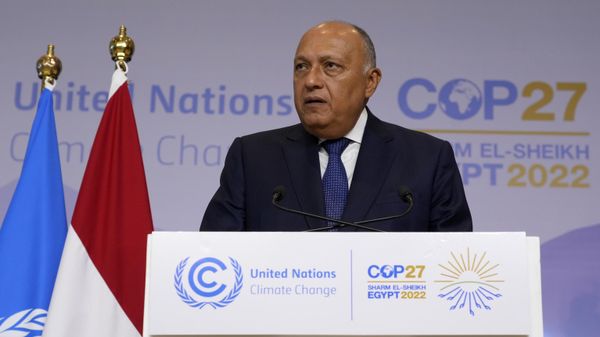 Sameh Shoukry, president of the COP27 climate summit, speaks at the summit, Saturday, Nov. 19, 2022, in Sharm el-Sheikh, Egypt. Sameh Shoukry, president of the COP27 climate summit, speaks at the summit, Saturday, Nov. 19, 2022, in Sharm el-Sheikh, Egypt. - Sputnik International