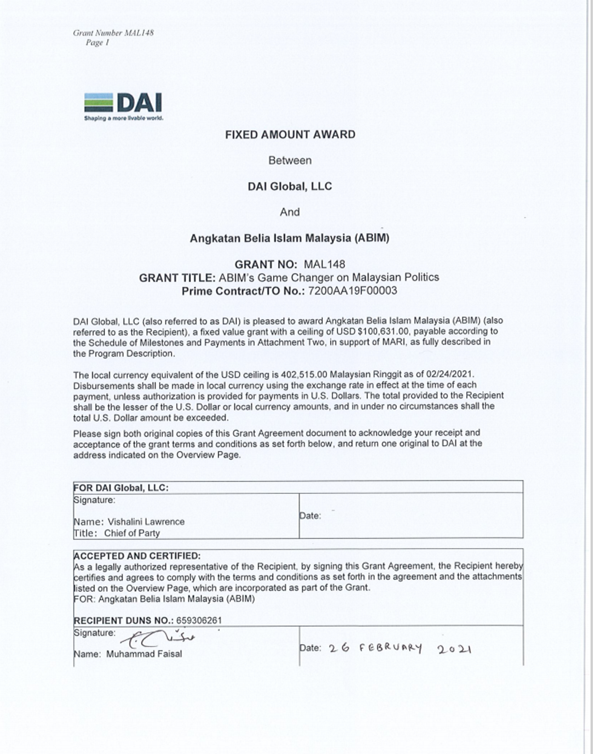 DAI document of fixed amount award to Angkatan Belia Islam Malaysia, a Malaysian Islamic youth movement, for democracy promotion activities. - Sputnik International, 1920, 19.11.2022