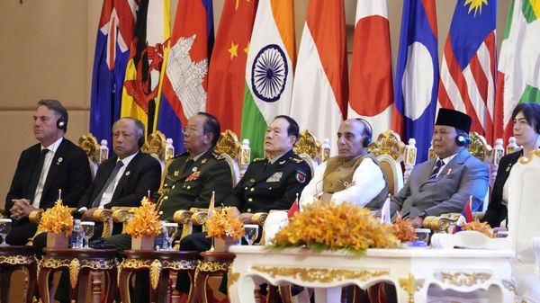From left to right, Australian Deputy Prime Minister and Minister of Defence Richard Marles MP, Brunei's Minister at the Prime Minister's Office Halbi bin Mohammad Yussof, Cambodia's Defense Minister Tea Banh, Chinese State Councilor and Minister of National Defense Wei Fenghe, Indian Minister of Defense Shri Rajnath Singh, Indonesian Minister of Defence Prabowo Subianto, and Japan's parliamentary Vice-Minister of Defense Kimi Onoda, attend the ASEAN Defense Ministers' Meeting Plus in Siem Reap, Cambodia, Wednesday, Nov. 23, 2022. - Sputnik International