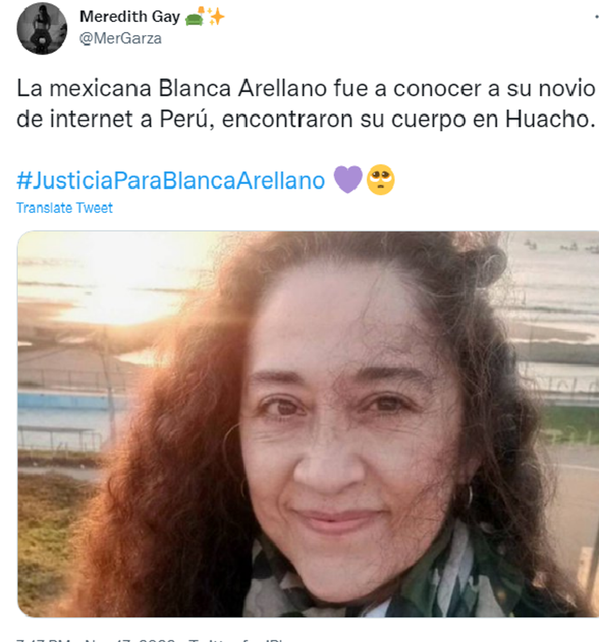 Twitter screenshot featuring photo of Blanca Arellano, Mexican woman found dead in Peru. Twitter screenshot featuring photo of Blanca Arellano, Mexican woman found dead in Peru. - Sputnik International, 1920, 26.11.2022