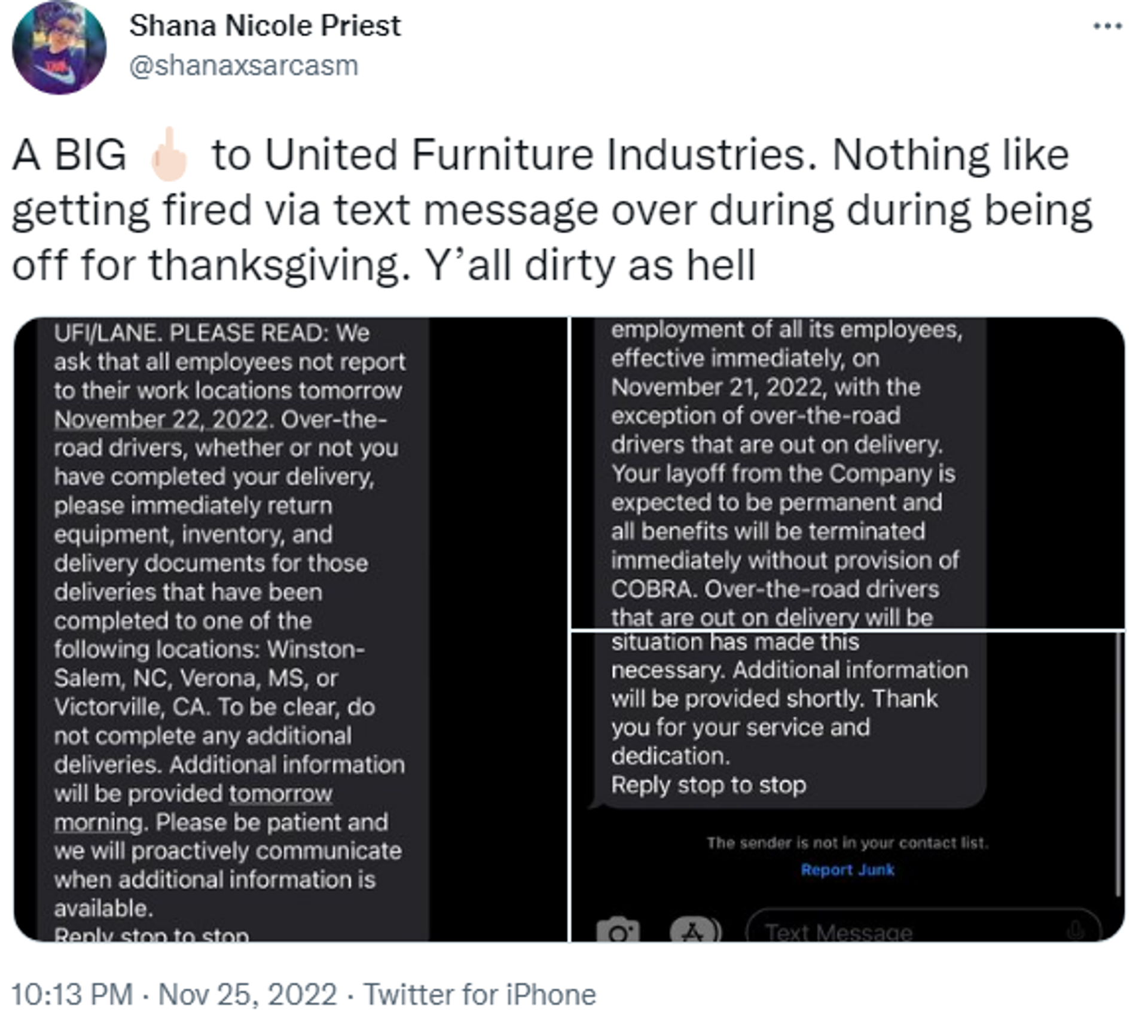 Twitter screenshot of text reportedly sent by United Furniture Industries to laid off staff. - Sputnik International, 1920, 26.11.2022