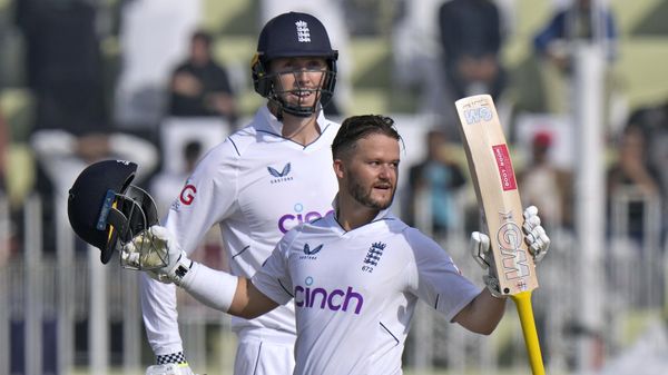 England's Ben Duckett, front, celebrates after scoring century as his teammate Zak Crawley watches during the first day of the first test cricket match between Pakistan and England, in Rawalpindi, Pakistan, Dec. 1, 2022. England's Ben Duckett, front, celebrates after scoring century as his teammate Zak Crawley watches during the first day of the first test cricket match between Pakistan and England, in Rawalpindi, Pakistan, Dec. 1, 2022. - Sputnik International
