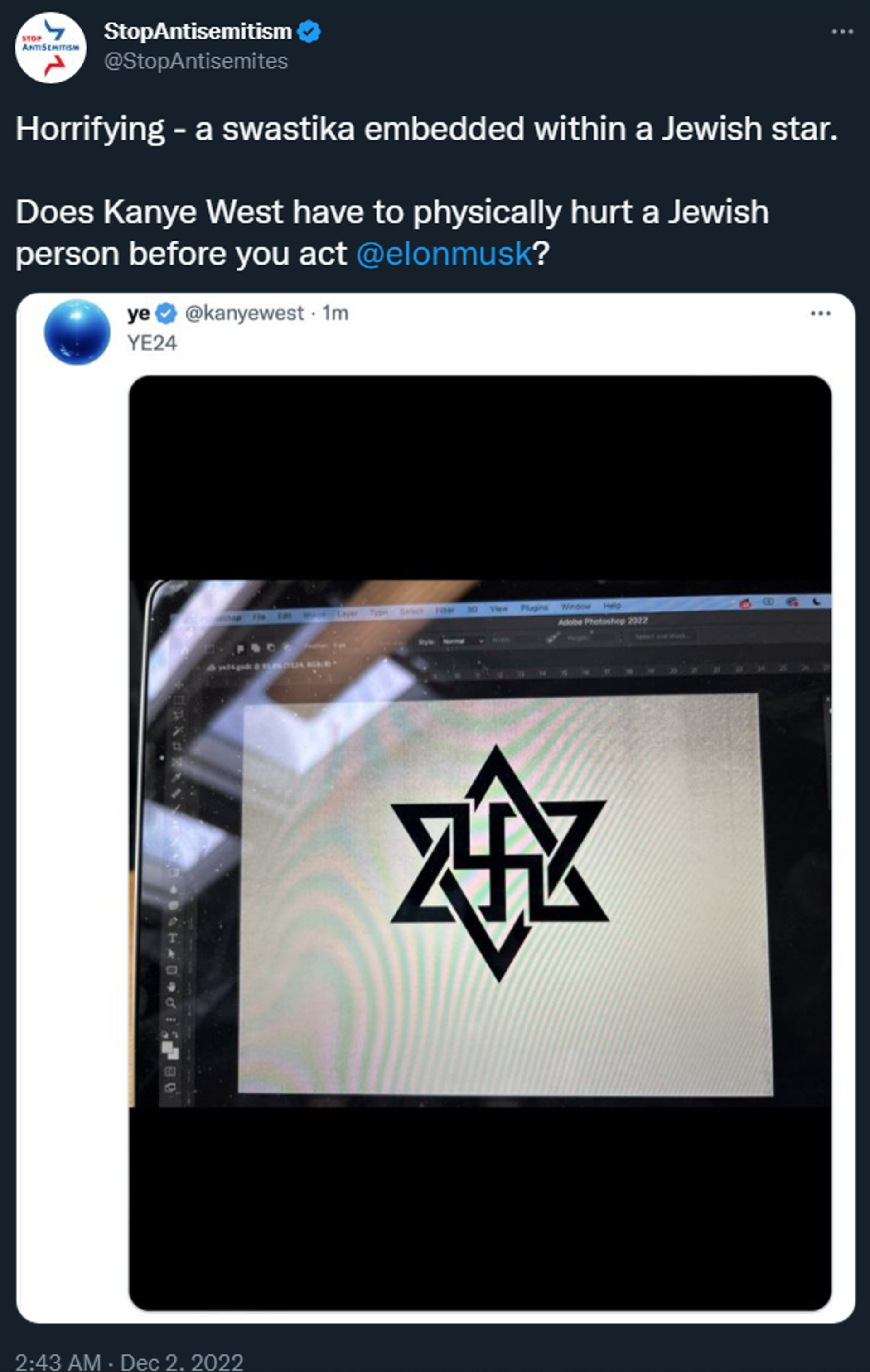 A tweeted screenshot of a tweet by Kanye West before his latest Twitter ban, with a comment urging the site's owner Elon Musk to take action - Sputnik International, 1920, 02.12.2022