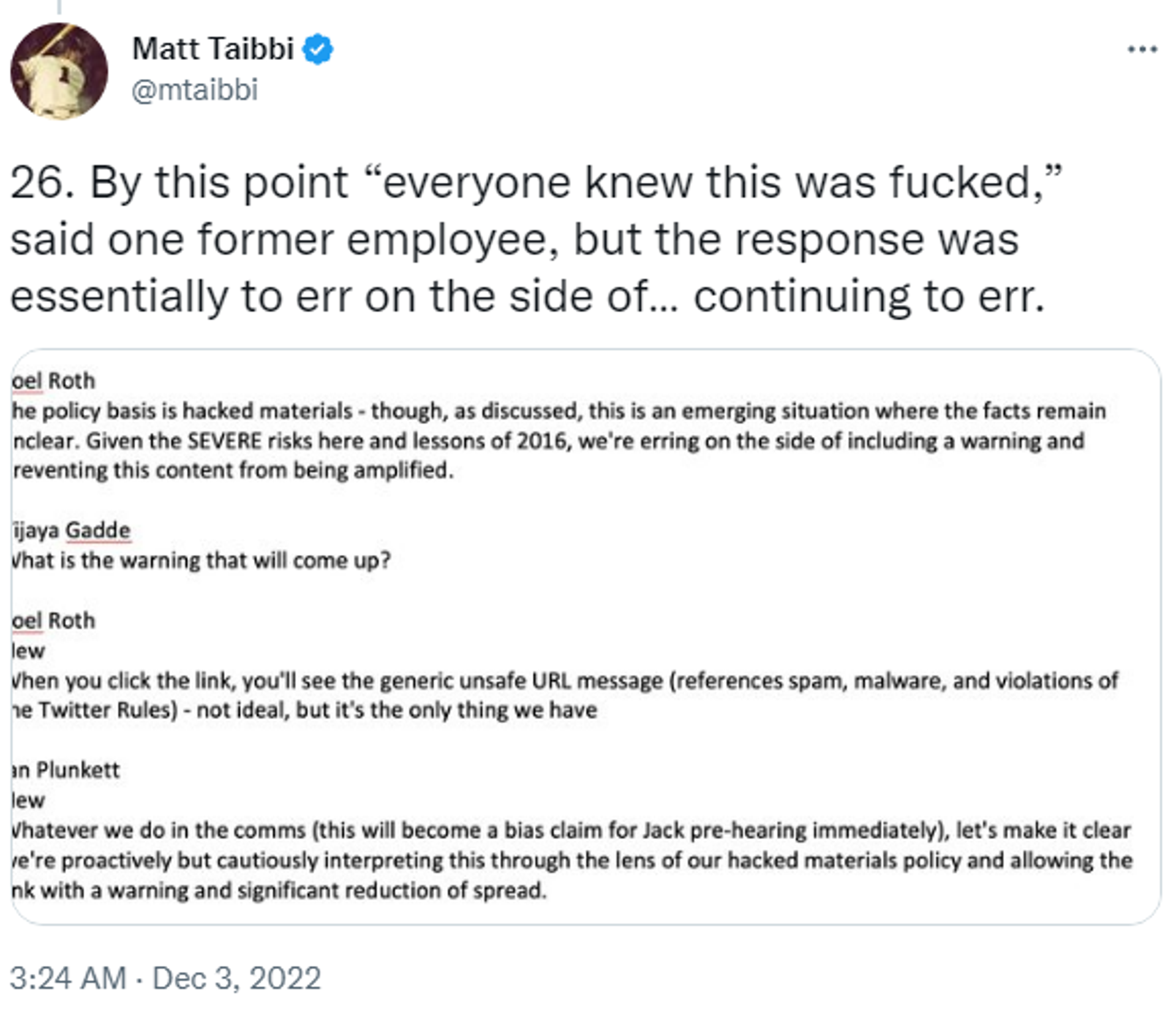 Twitter screenshot of Twitter Files by Mattt Taibbi on  how Twitter suppressed a damaging story regarding the contents of a laptop left by Hunter Biden at a computer repair store. - Sputnik International, 1920, 03.12.2022