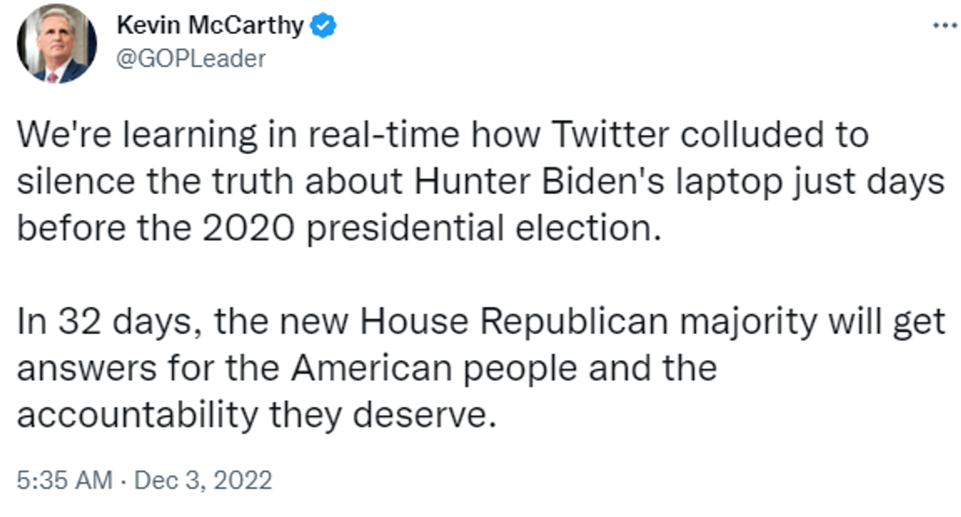 Twitter screenshot of post by Kevin McCarthy - Sputnik International, 1920, 03.12.2022