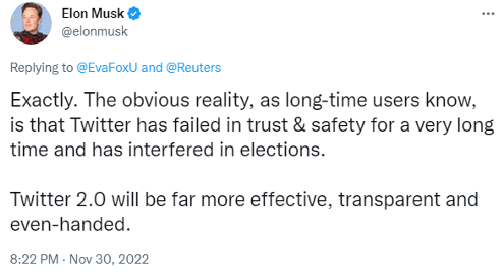 Twitter screenshot of Elon Musk post on on November 30, 2022. - Sputnik International, 1920, 29.12.2022