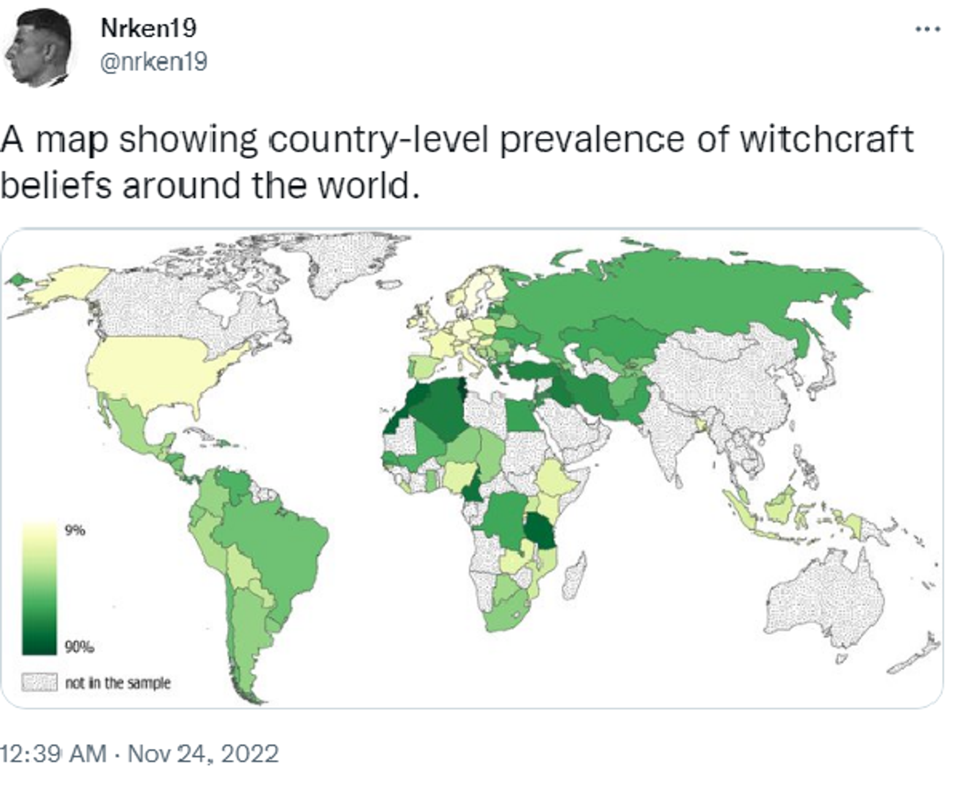 Twitter screenshot showing map with country-level prevalence of witchcraft beliefs around the world. - Sputnik International, 1920, 04.12.2022