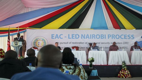 Kenya's President William Ruto, left at podium, speaks at the opening of the Third Inter-Congolese Consultations of the Nairobi Peace Process, the political track, Nairobi III, at a hotel in Nairobi, Kenya Monday, Nov. 28, 2022. Kenya's President William Ruto, left at podium, speaks at the opening of the Third Inter-Congolese Consultations of the Nairobi Peace Process, the political track, Nairobi III, at a hotel in Nairobi, Kenya Monday, Nov. 28, 2022. - Sputnik International