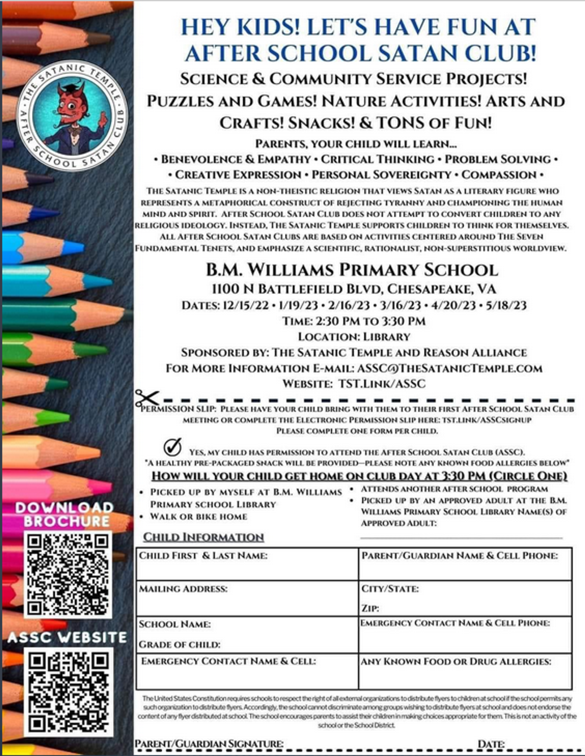 Image from social media depicting a flyer for the Afer School Satan Club in B.M. Williams Primary School in Chesapeake, Virginia. - Sputnik International, 1920, 09.12.2022