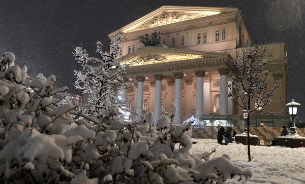 A snow-covered tree in front of the State Academic Bolshoi Theater of Russia in Moscow. - Sputnik International