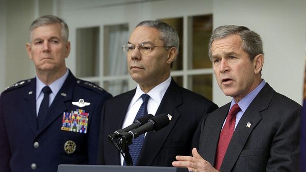 US President George W. Bush (R) is joined by Secretary of State Colin Powell (C) and Joint Chiefs of Staff General Richard Myers (R) as he announces the US intention to withdraw from the 1972 Antiballistic Missile Treaty in a Rose Garden ceremony at the White House 13 December 2001. US President George W. Bush (R) is joined by Secretary of State Colin Powell (C) and Joint Chiefs of Staff General Richard Myers (R) as he announces the US intention to withdraw from the 1972 Antiballistic Missile Treaty in a Rose Garden ceremony at the White House 13 December 2001. - Sputnik International
