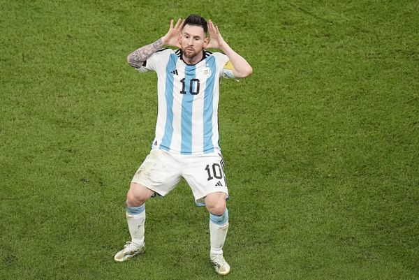 Argentina's Lionel Messi celebrates after scoring during the World Cup quarterfinal between the Netherlands and Argentina at the Lusail Stadium in Lusail, Qatar, Friday, December 9, 2022. - Sputnik International