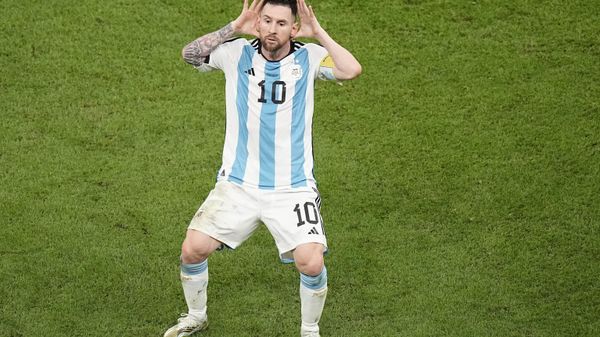 Argentina's Lionel Messi celebrates after scoring during the World Cup quarterfinal soccer match between the Netherlands and Argentina, at the Lusail Stadium in Lusail, Qatar, Friday, Dec. 9, 2022. - Sputnik International