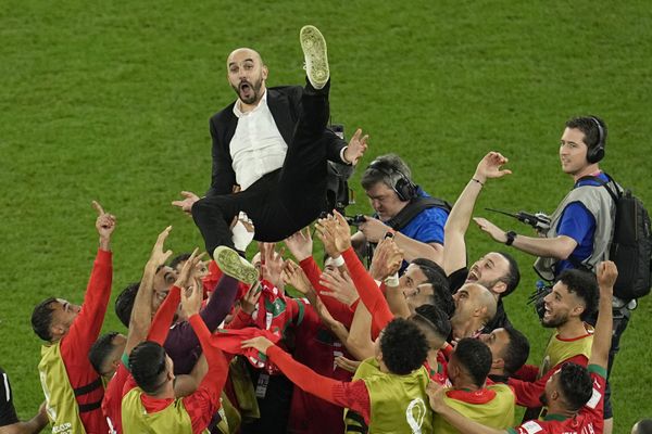 Morocco's head coach Walid Regragui is thrown in the air at the end of the World Cup round of 16 soccer match between Morocco and Spain, at the Education City Stadium in Al Rayyan, Qatar, Tuesday, December 6, 2022. - Sputnik International