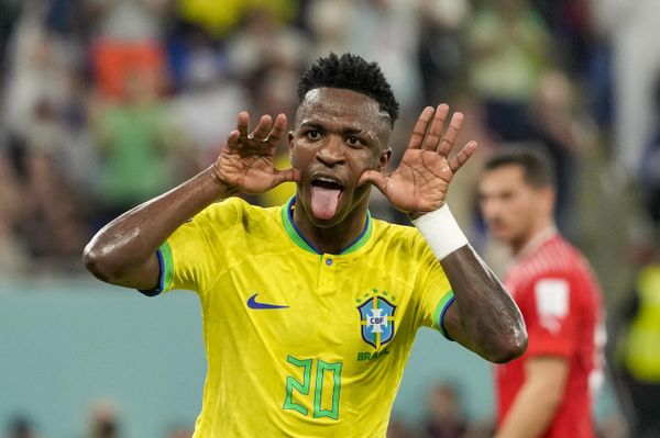 Brazil's Vinicius Junior celebrates after scoring a disallowed goal during the World Cup group G soccer match between Brazil and Switzerland at the Stadium 974 in Doha, Qatar, Monday, November 28, 2022. (AP Photo/Andre Penner) - Sputnik International