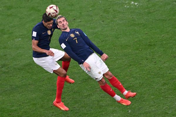 France's footballers Raphael Varane and Antoine Griezmann (right) playing in the FIFA World Cup semi-final match between France and Morocco. - Sputnik International