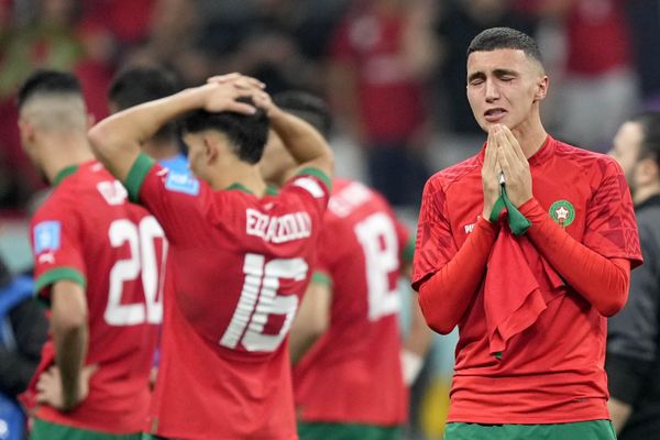 Morocco's Bilal El Khannous reacts after the World Cup semifinal between France and Morocco at the Al Bayt Stadium in Al Khor, Qatar, Wednesday, December 14, 2022. (AP Photo/Martin Meissner) - Sputnik International