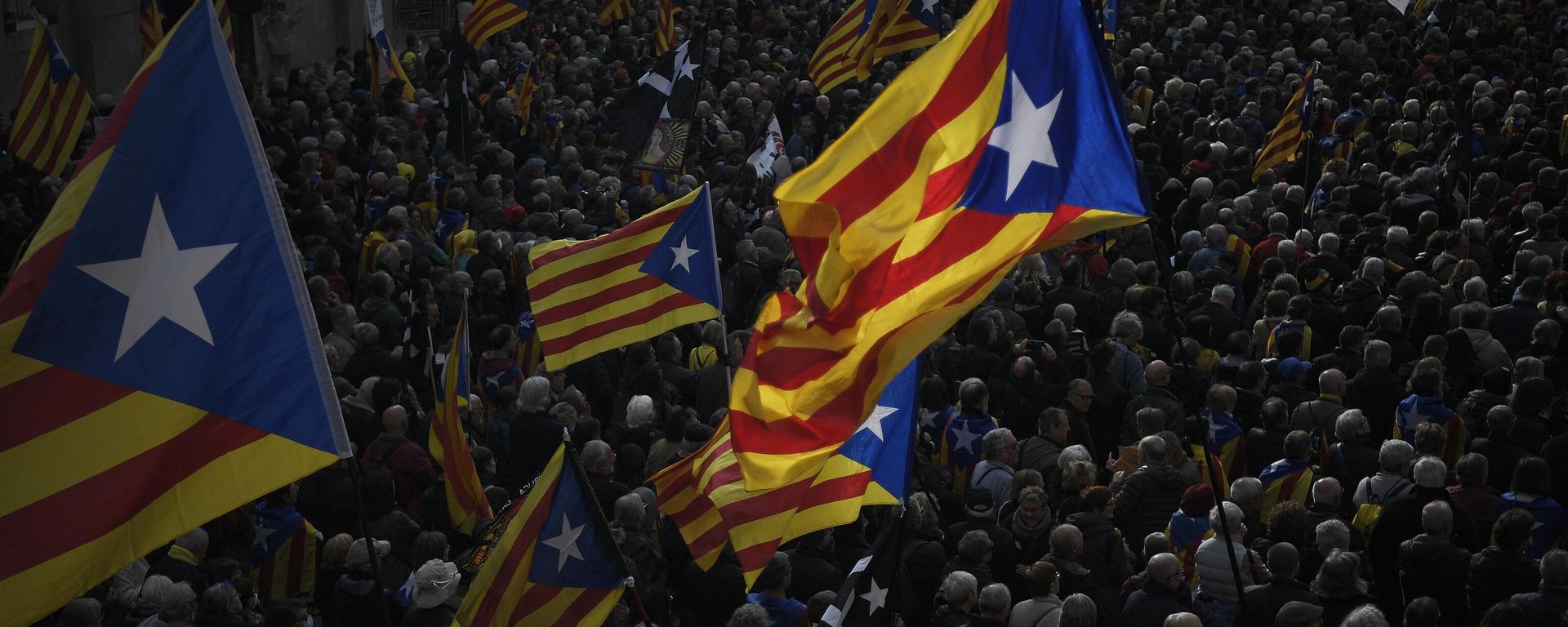 Protesters wave Catalan pro-independence Estelada flags during a rally against changes to sedition law Protesters wave Catalan pro-independence Estelada flags during a rally against changes to sedition law - Sputnik International, 1920, 16.12.2022