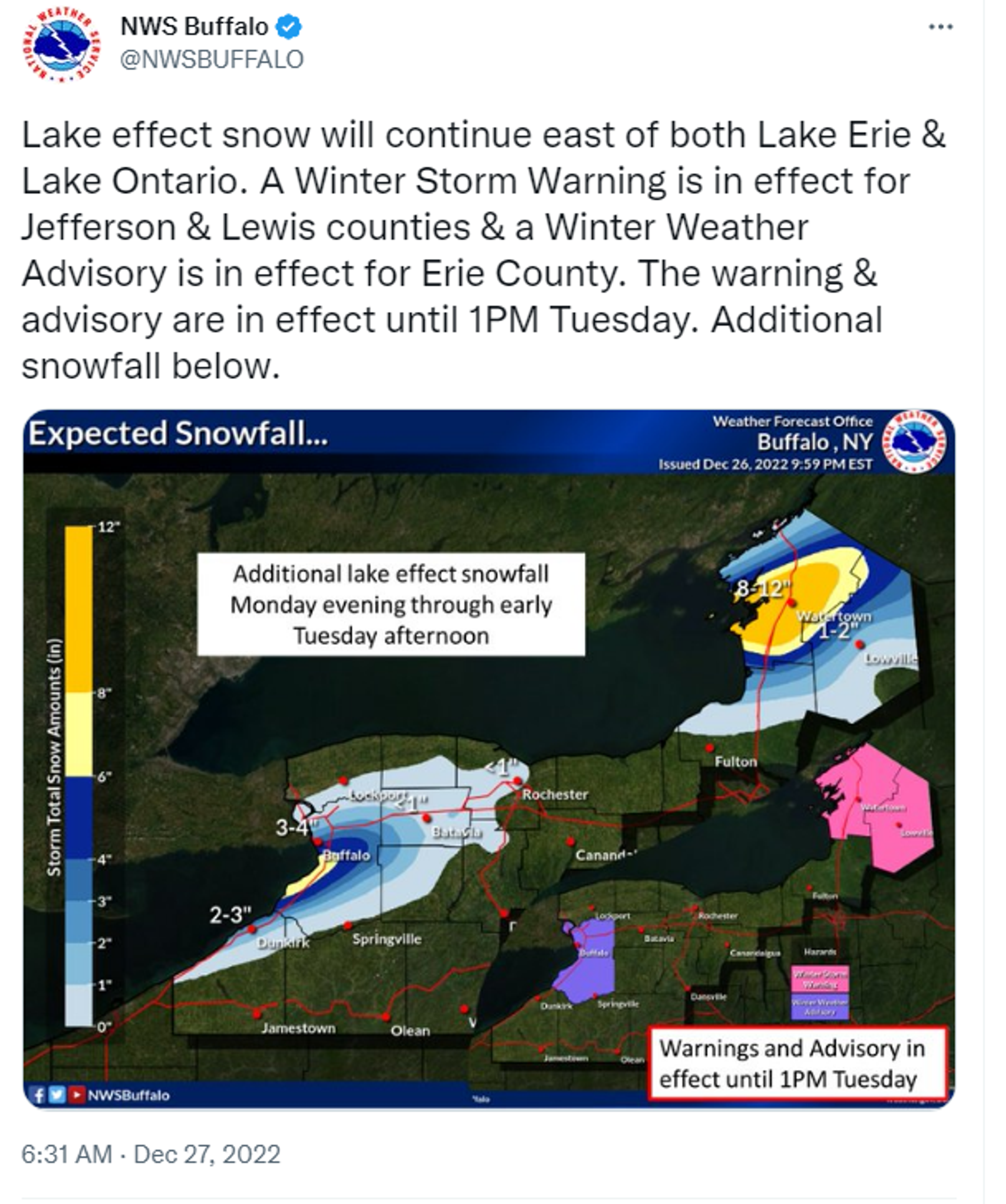 Twitter screenshot of  National Weather Service Buffalo New York.  - Sputnik International, 1920, 27.12.2022