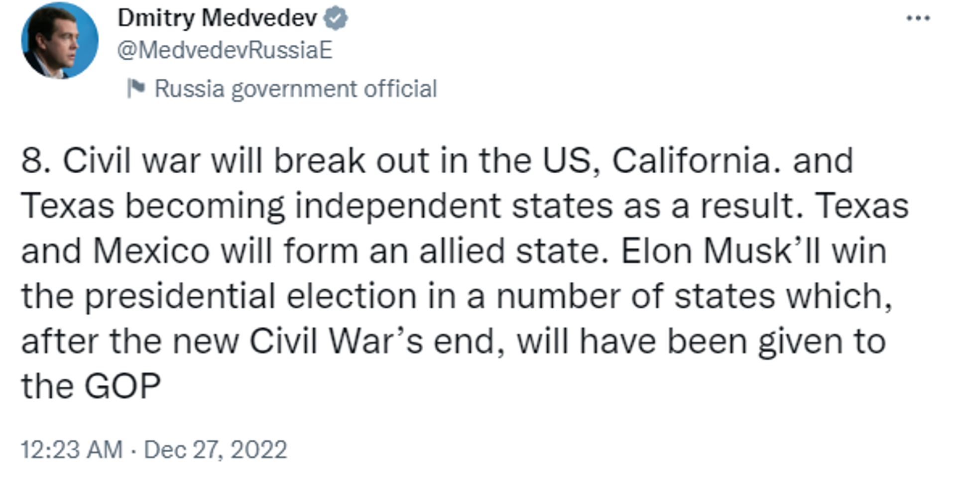 Twitter screenshot of a post by Dmitry Medvedev, Deputy Chairman of the Russian Security Council. - Sputnik International, 1920, 27.12.2022