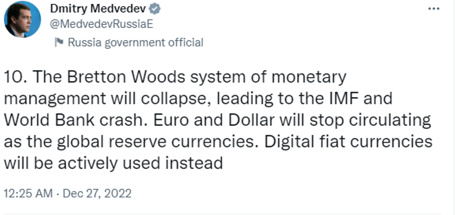 Twitter screenshot of a post by Dmitry Medvedev, Deputy Chairman of the Russian Security Council. - Sputnik International, 1920, 27.12.2022