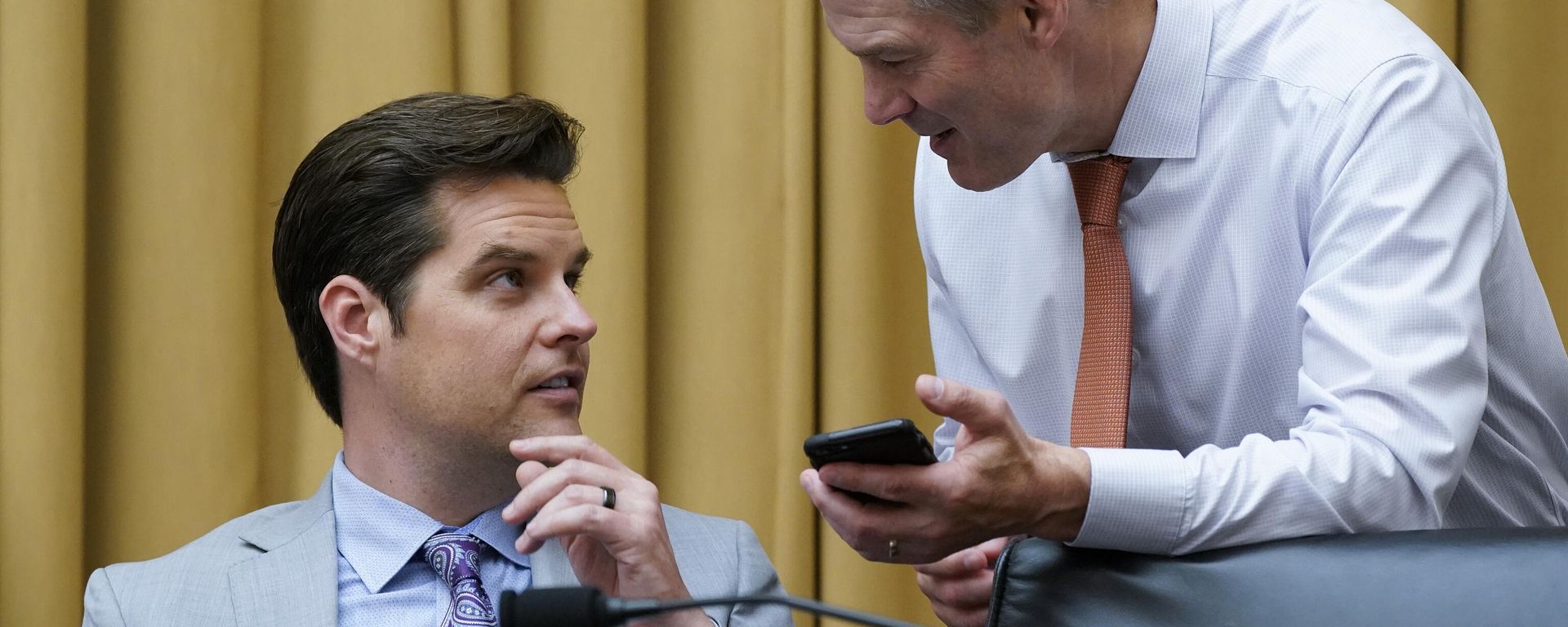 Rep. Matt Gaetz, R-Fla.,left, and Rep. Jim Jordan, R-Ohio, confer as the House Judiciary Committee holds an emergency meeting to advance a series of Democratic gun control measures called the Protecting Our Kids Act in response to mass shootings in Texas and New York, at the Capitol in Washington, Thursday, June 2, 2022. - Sputnik International, 1920, 10.02.2023