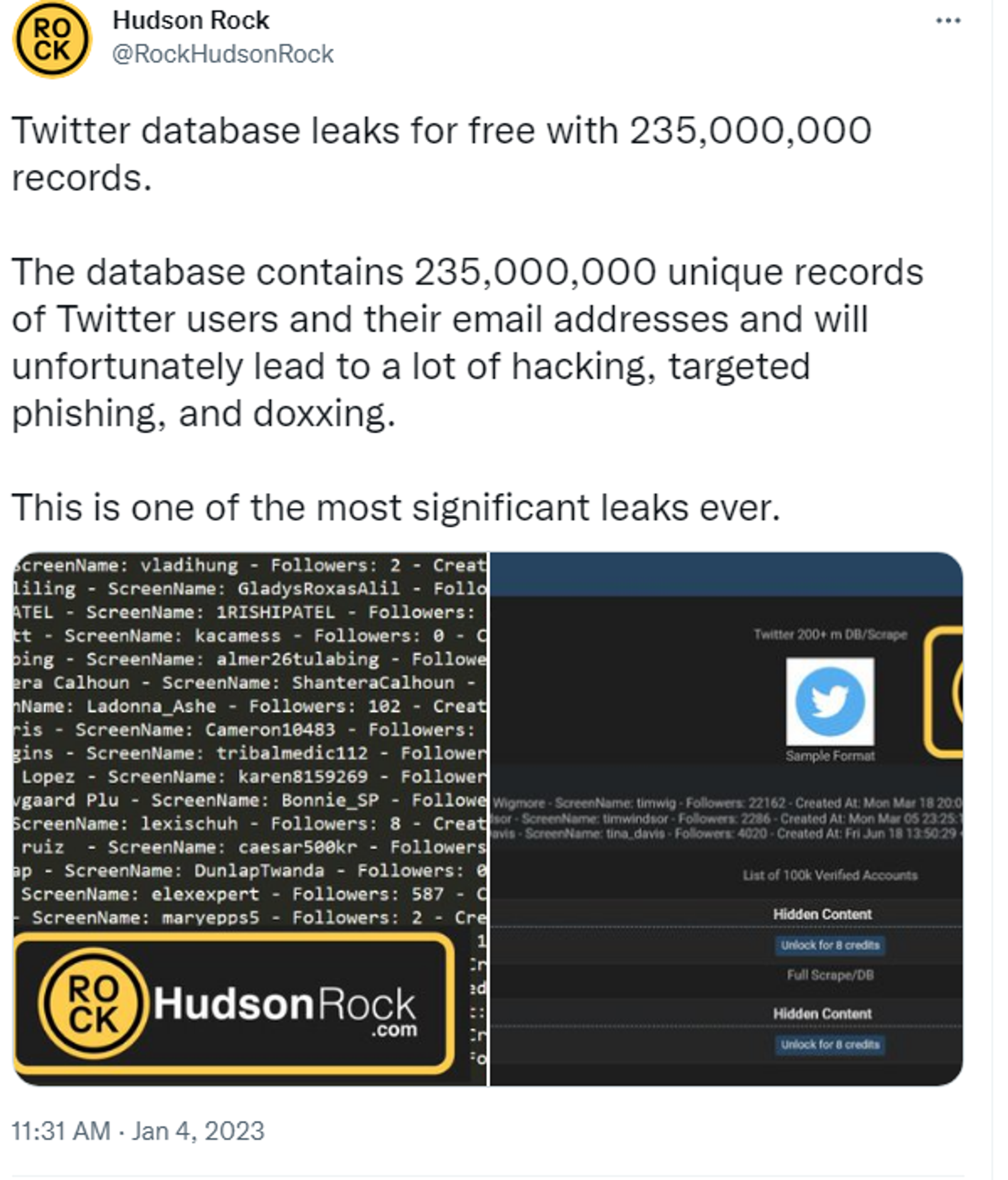 Screenshot of Twitter account of Israeli cybersecurity-monitoring firm Hudson Rock. - Sputnik International, 1920, 06.01.2023