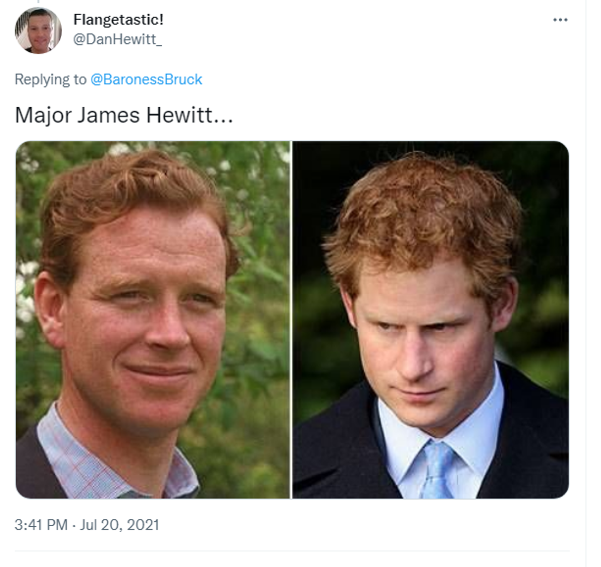 Twitter screenshot featuring photos of Major James Hewitt. and Prince Harry. - Sputnik International, 1920, 06.01.2023