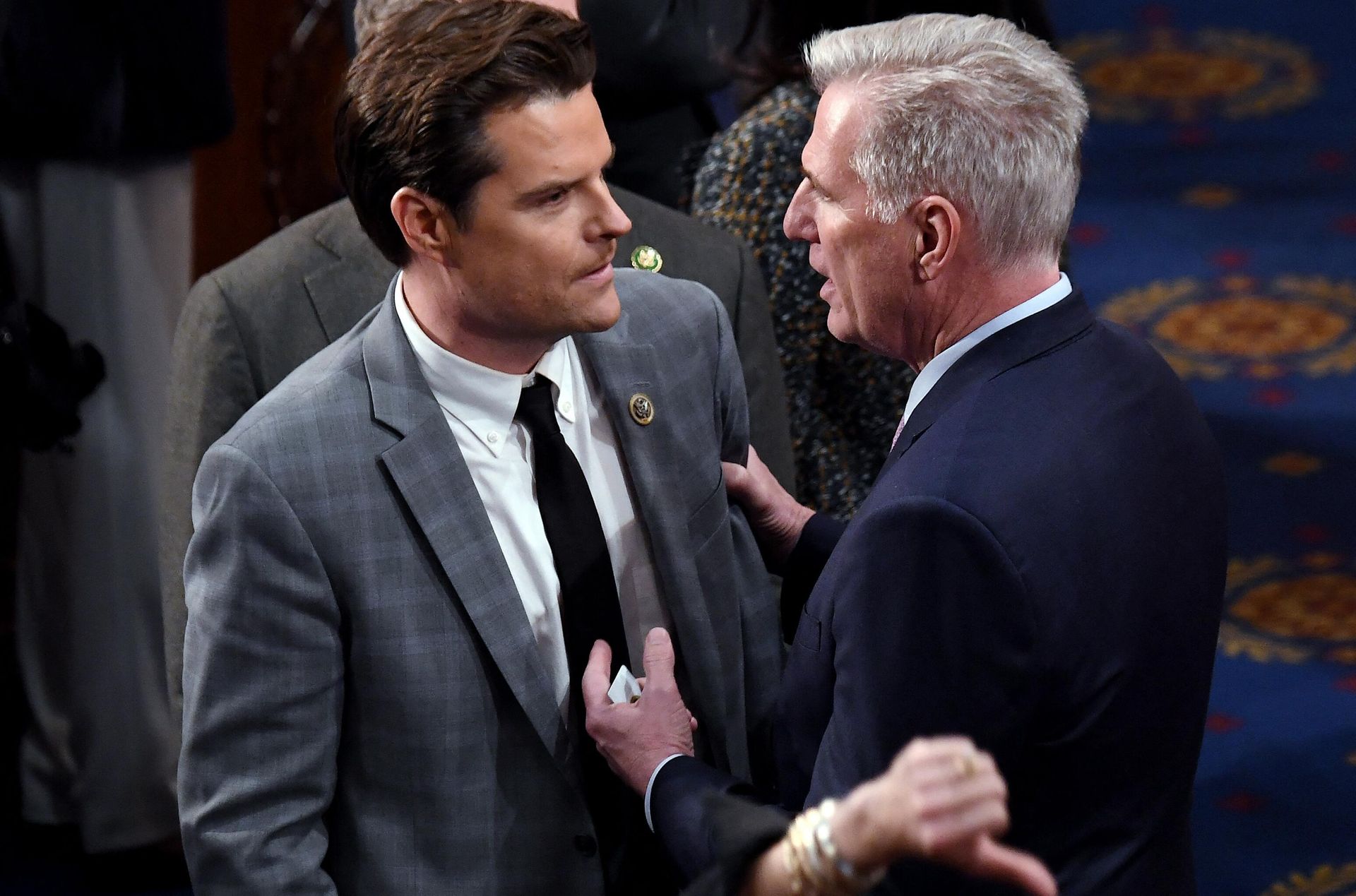 US Representative Kevin McCarthy (R-CA) speaks to US Representative Matt Gaetz (R-FL) in the House Chamber at the US Capitol in Washington, DC, on January 6, 2023.  - Sputnik International, 1920, 07.01.2023