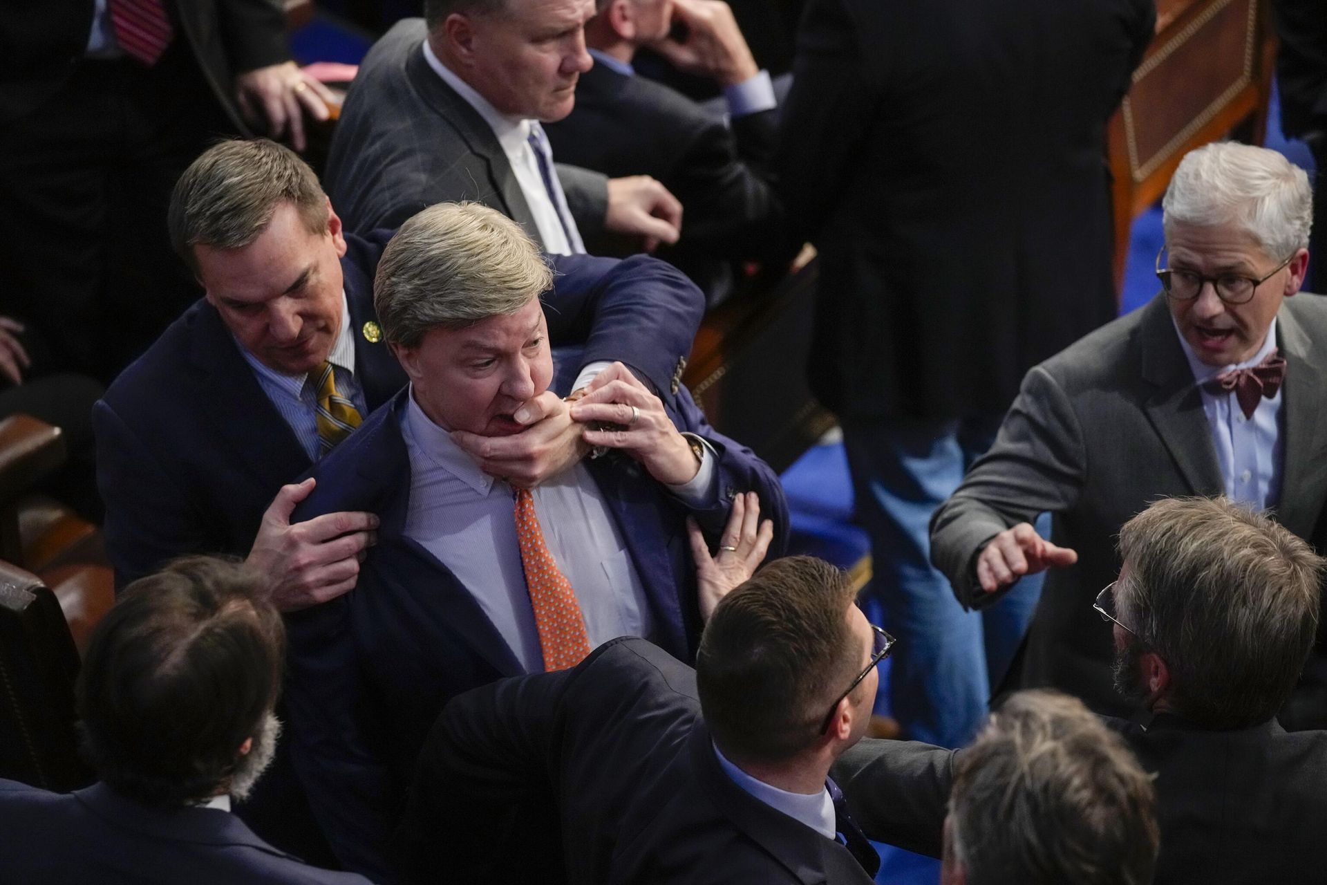Rep. Richard Hudson, R-N.C., left, pulls Rep. Mike Rogers, R-Ala., back as they talk with Rep. Matt Gaetz, R-Fla., and others during the 14th round of voting for speaker on Jan. 6, 2023. Rep. Richard Hudson, R-N.C., left, pulls Rep. Mike Rogers, R-Ala., back as they talk with Rep. Matt Gaetz, R-Fla., and others during the 14th round of voting for speaker on Jan. 6, 2023. - Sputnik International, 1920, 07.01.2023