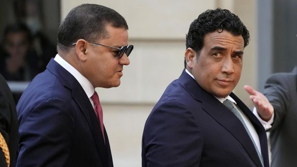 Libyan Prime Minister Abdul Hamid Dbeibah, left, and head of the Presidential Council of Libya Mohamed al-Menfi arrive for a conference with several world leaders in Paris, Friday, Nov. 12, 2021. - Sputnik International
